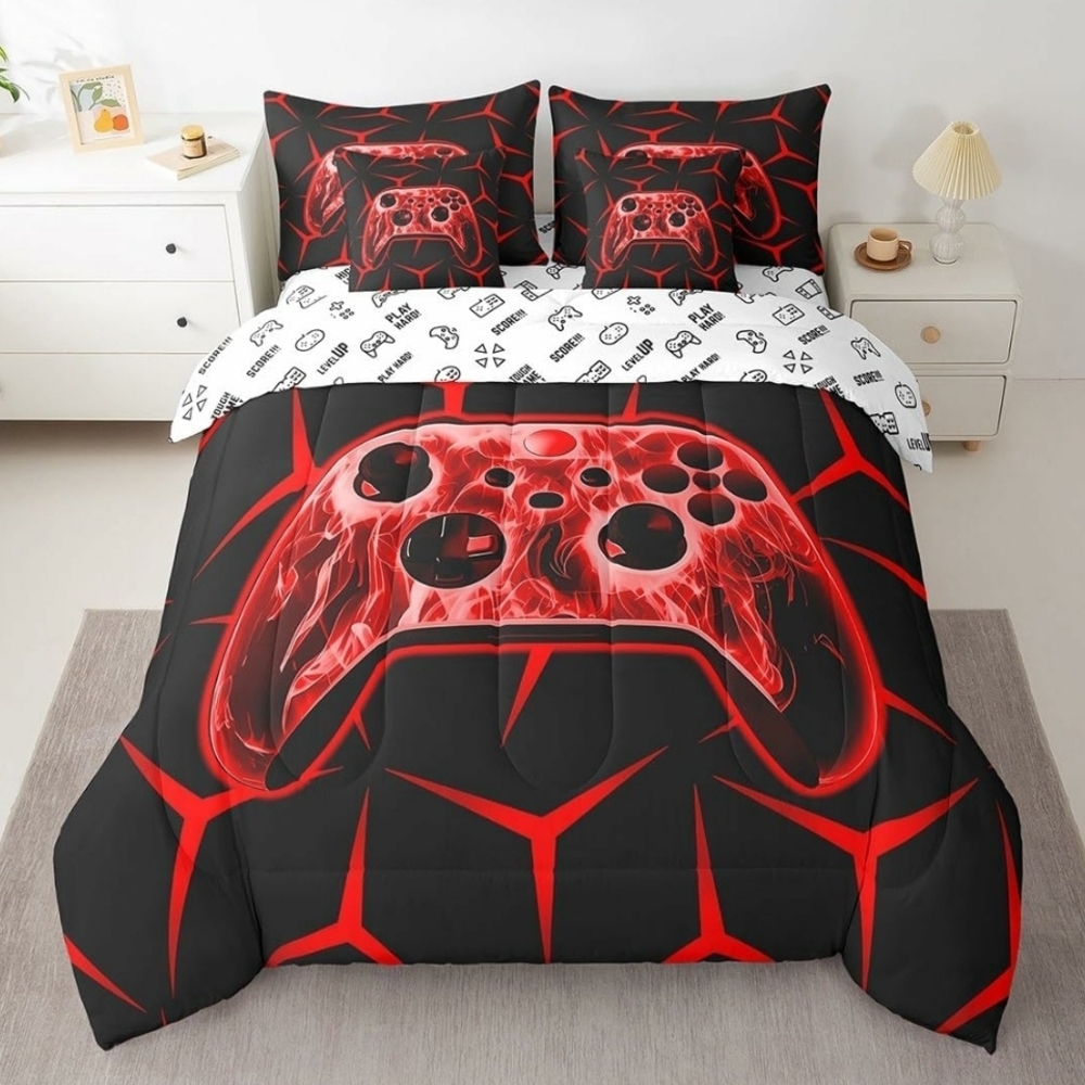 Brand New Vibrant Red and Black Twin Size Gaming 7 Piece Comforter Set NIB